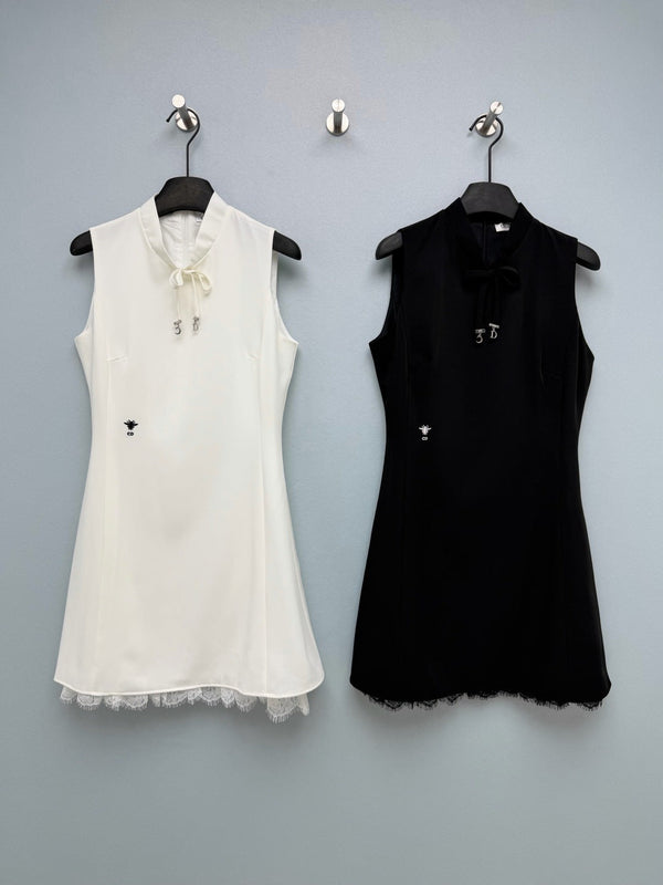 Dior 26 Sleeveless Stand Collar Lace-Trimmed Dress White in Satin 372928