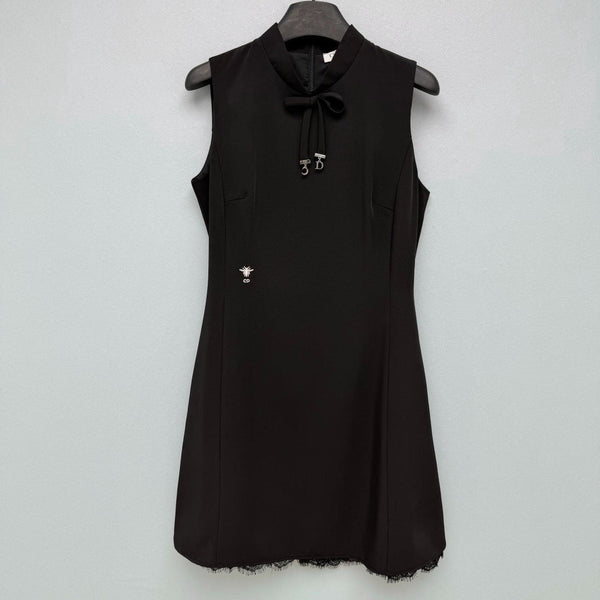 Dior 26 Sleeveless Stand Collar Lace-Trimmed Dress Black in Satin 372930