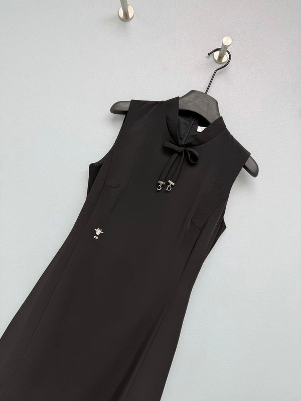 Dior 26 Sleeveless Stand Collar Lace-Trimmed Dress Black in Satin 372930