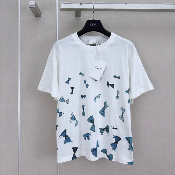 Dior 26 Bow Print Short-sleeved Crew Neck T-shirt White in Cotton 371520