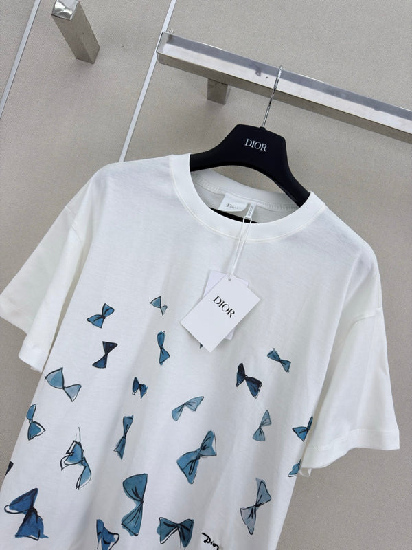 Dior 26 Bow Print Short-sleeved Crew Neck T-shirt White in Cotton 371520