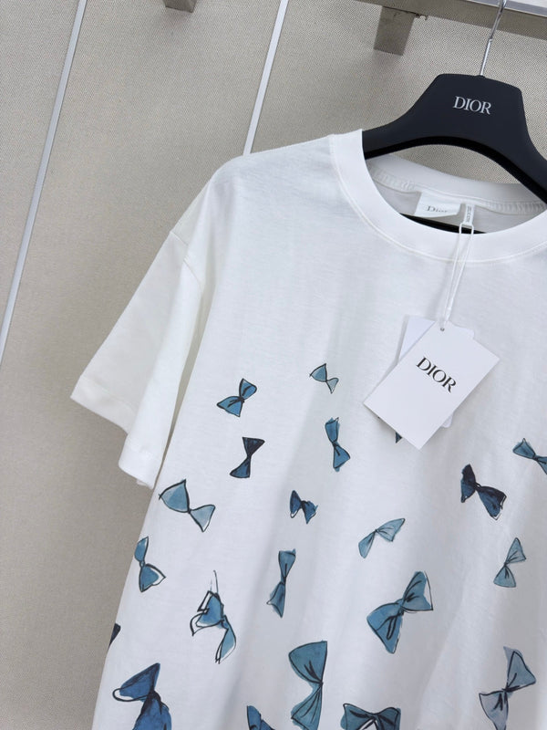 Dior 26 Bow Print Short-sleeved Crew Neck T-shirt White in Cotton 371520