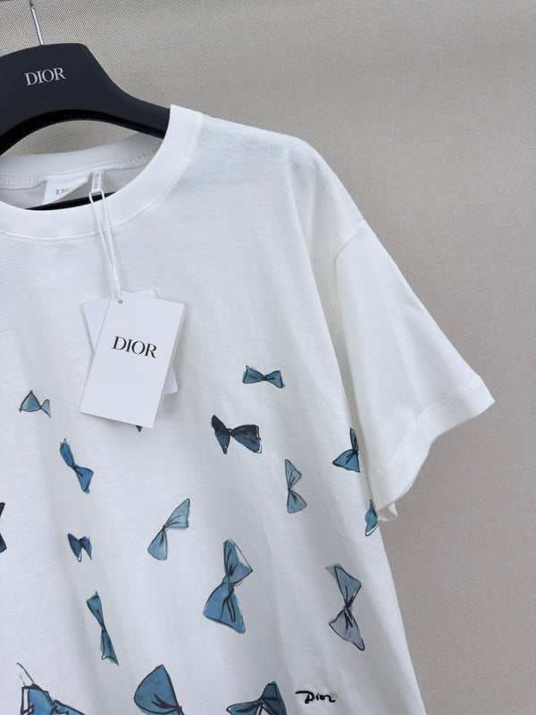 Dior 26 Bow Print Short-sleeved Crew Neck T-shirt White in Cotton 371520