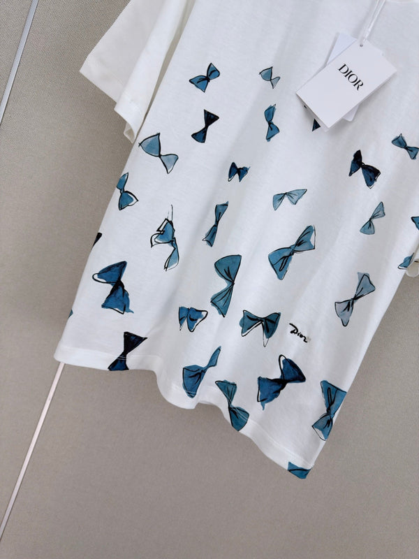 Dior 26 Bow Print Short-sleeved Crew Neck T-shirt White in Cotton 371520