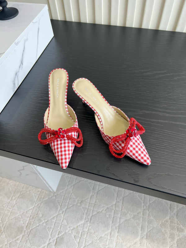 Mach Gingham Bow Slingback Pumps Red White Fabric 851905