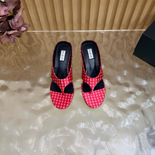 Alaia Cube Gingham Wedge Thong Sandals Red Pink Fabric 949331