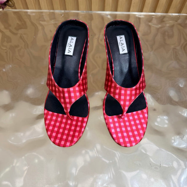 Alaia Cube Gingham Wedge Thong Sandals Red Pink Fabric 949331