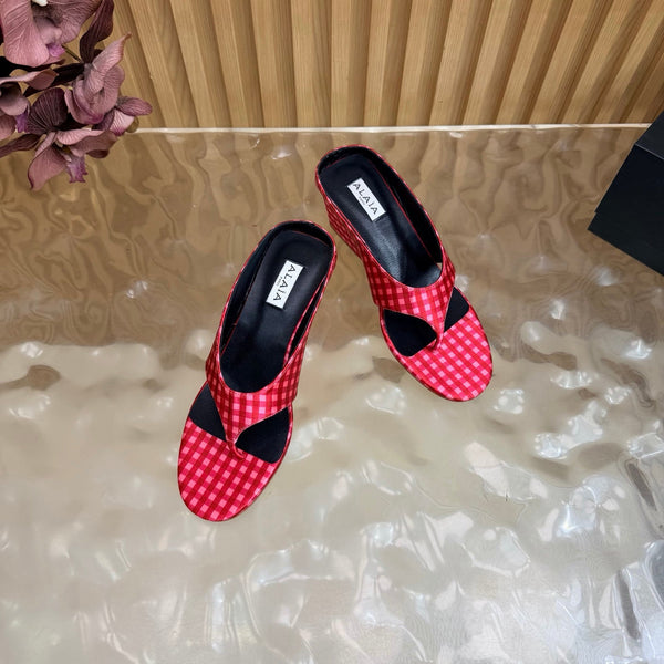Alaia Cube Gingham Wedge Thong Sandals Red Pink Fabric 949331
