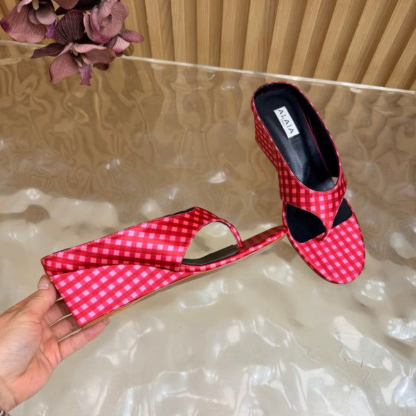 Alaia Cube Gingham Wedge Thong Sandals Red Pink Fabric 949331