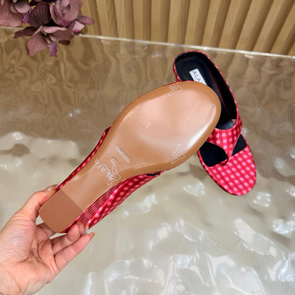 Alaia Cube Gingham Wedge Thong Sandals Red Pink Fabric 949331