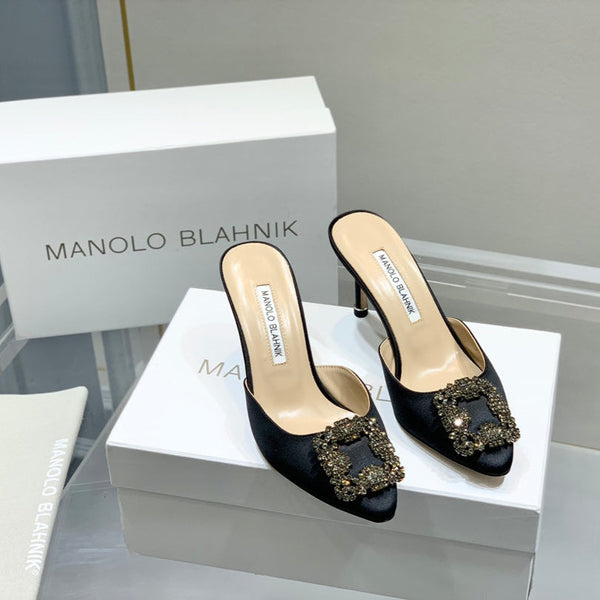 Manolo Buckle Mules 7cm Black Silk 208022