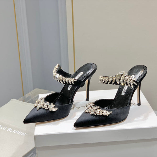 Manolo Mules Crystal Black Silk Satin 219377