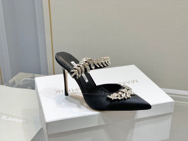 Manolo Mules Crystal Black Silk Satin 219377