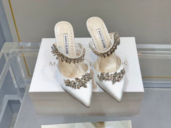 Manolo Mules Crystal White Silk Satin 219381