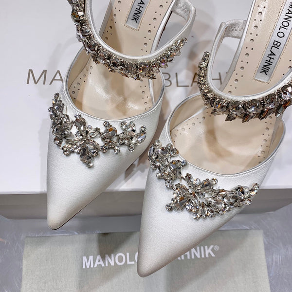 Manolo Mules Crystal White Silk Satin 219381