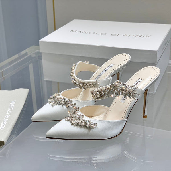 Manolo Mules Crystal White Silk Satin 219381