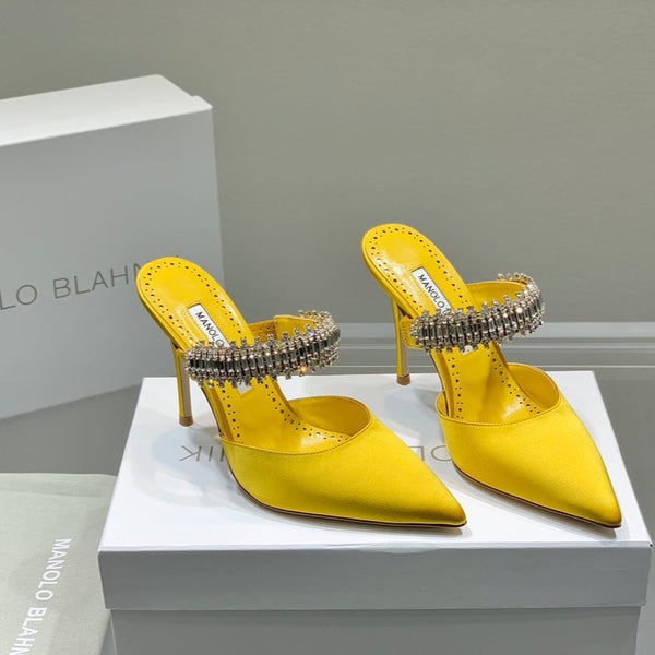 Manolo Mules Diamond Buckle Yellow Silk Satin 218811