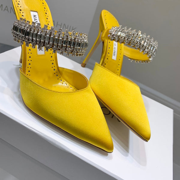 Manolo Mules Diamond Buckle Yellow Silk Satin 218811