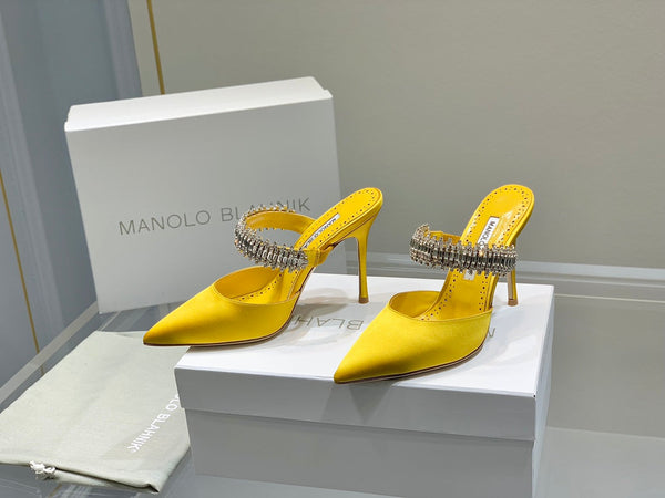 Manolo Mules Diamond Buckle Yellow Silk Satin 218811