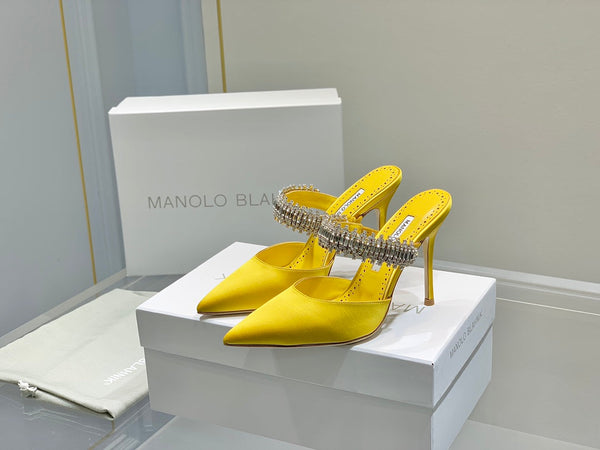 Manolo Mules Diamond Buckle Yellow Silk Satin 218811