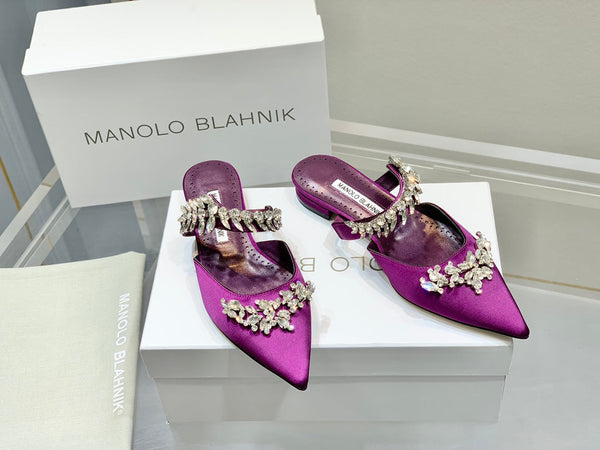 Manolo Flats Mules Crystal Purple Silk Satin 327473