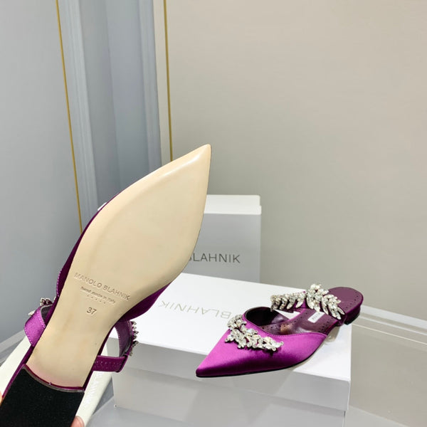 Manolo Flats Mules Crystal Purple Silk Satin 327473