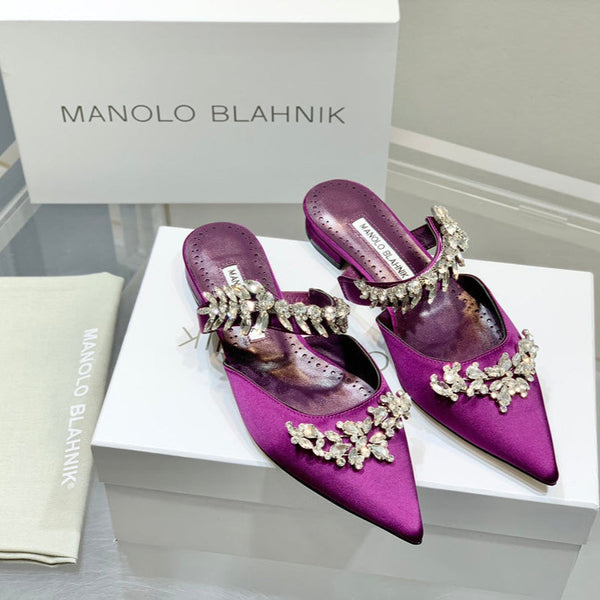 Manolo Flats Mules Crystal Purple Silk Satin 327473