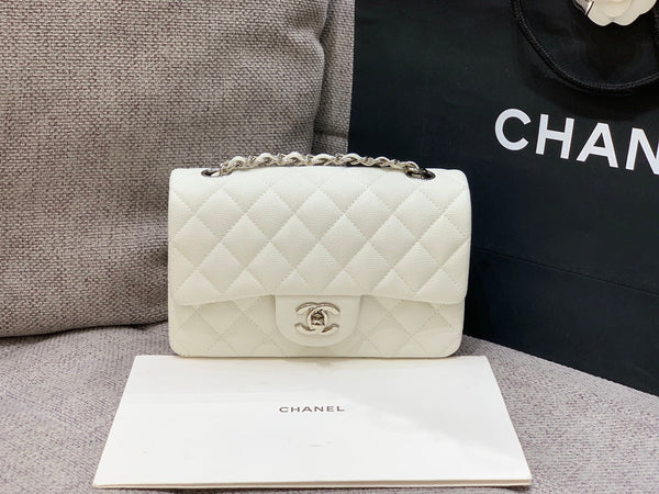 flap bag mini 20cm white caviar silver hardware