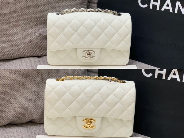 flap bag mini 20cm white caviar silver hardware