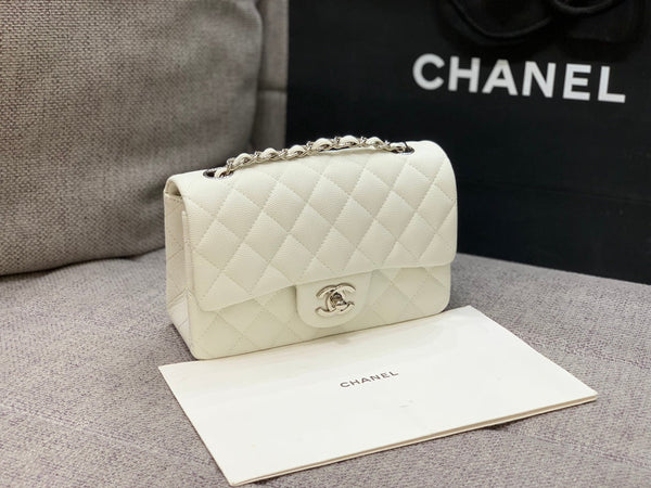 flap bag mini 20cm white caviar silver hardware