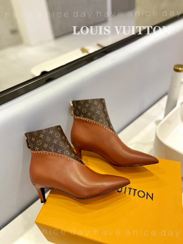 LV Cherie Ankle Boots 4.5cm Brown Calfskin Monogram Canvas