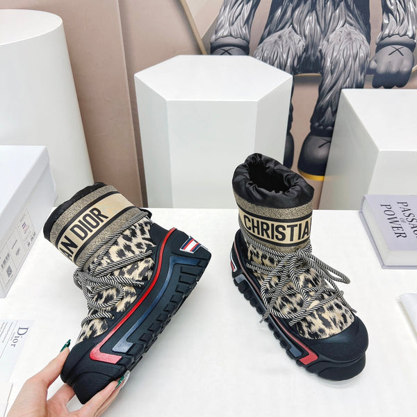 CD Snow Ankle Boots Black Beige Cowhide Nylon Fabric 539662