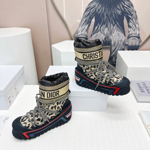 CD Snow Ankle Boots Black Beige Cowhide Nylon Fabric 539662