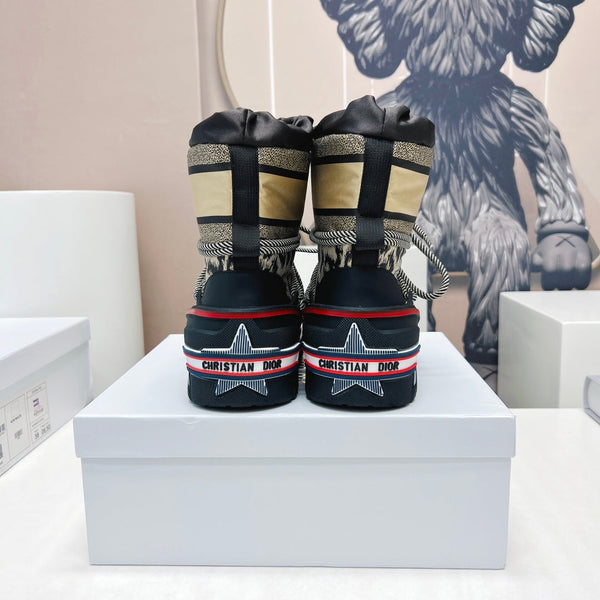 CD Snow Ankle Boots Black Beige Cowhide Nylon Fabric 539662