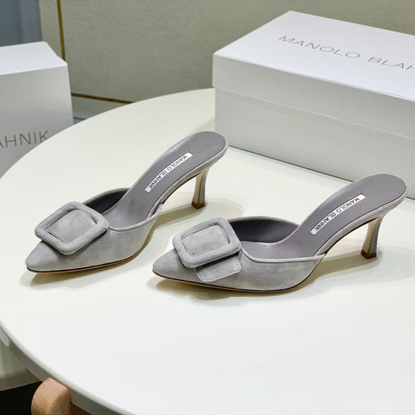Manolo Mules 7cm Grey Suede Leather Bottom 451193