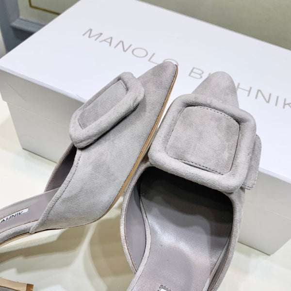Manolo Mules 7cm Grey Suede Leather Bottom 451193