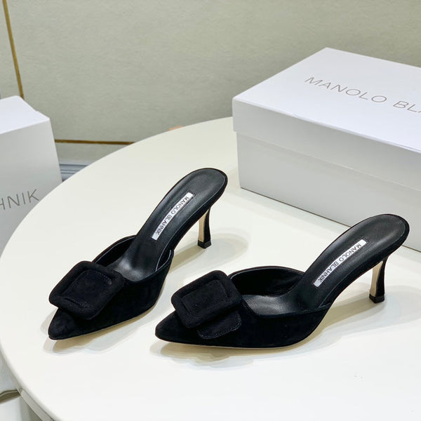 Manolo Mules 7cm Black Suede Leather Bottom 451190
