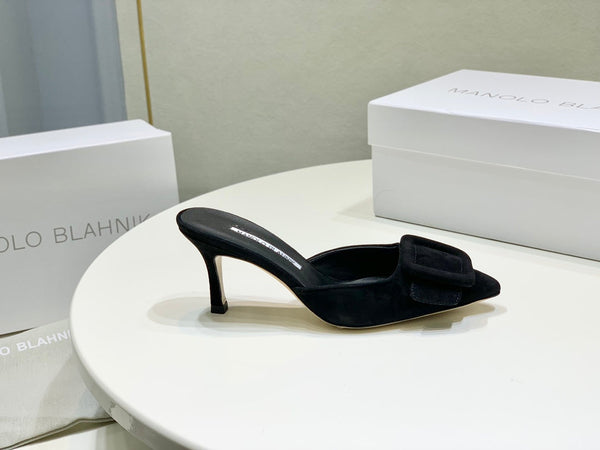Manolo Mules 7cm Black Suede Leather Bottom 451190
