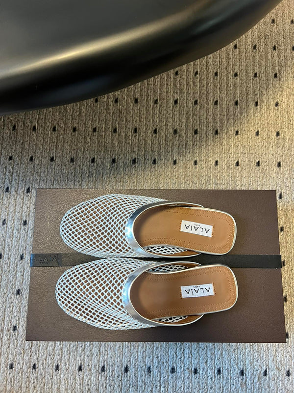 Alaia 25 Fishnet Flat Mules Silver Lampskin 303679