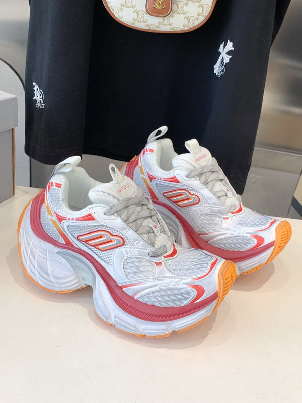 DAD SHOES IN RED ORANGE AND DUST WHITE MESH AND CALFSKIN