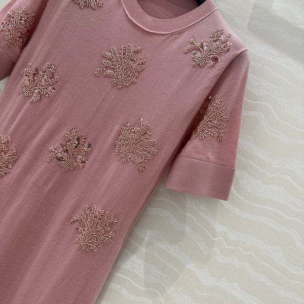 Fendi Beaded Flower Knitted Dress Pink Wool