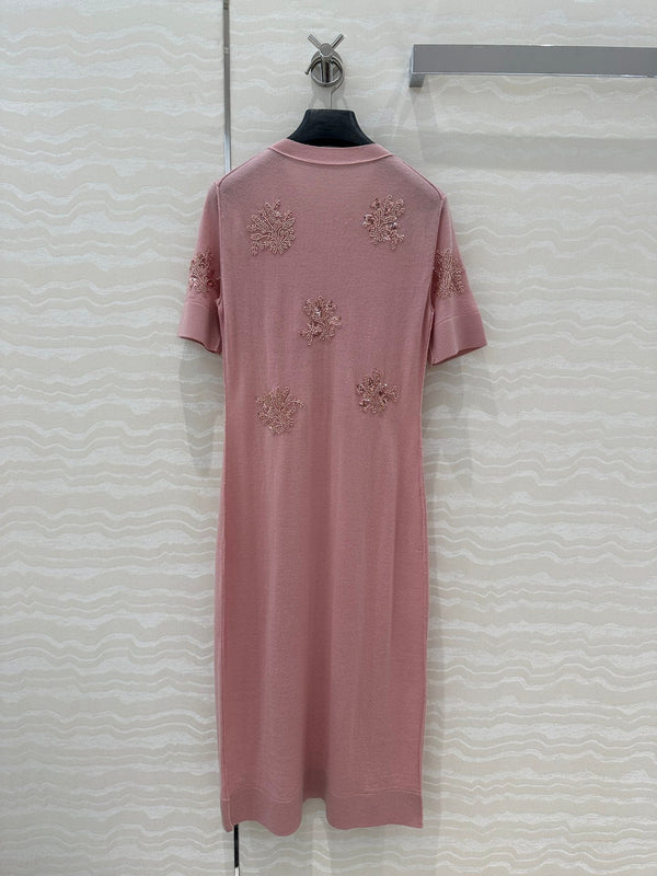Fendi Beaded Flower Knitted Dress Pink Wool