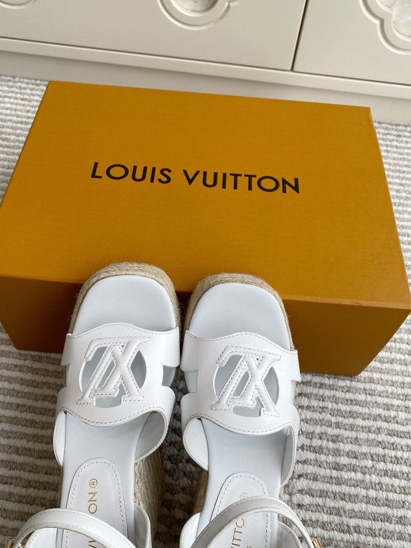 LV Letter Hollow Straw Wedge Sandals 11.5cm White Cowhide 291573