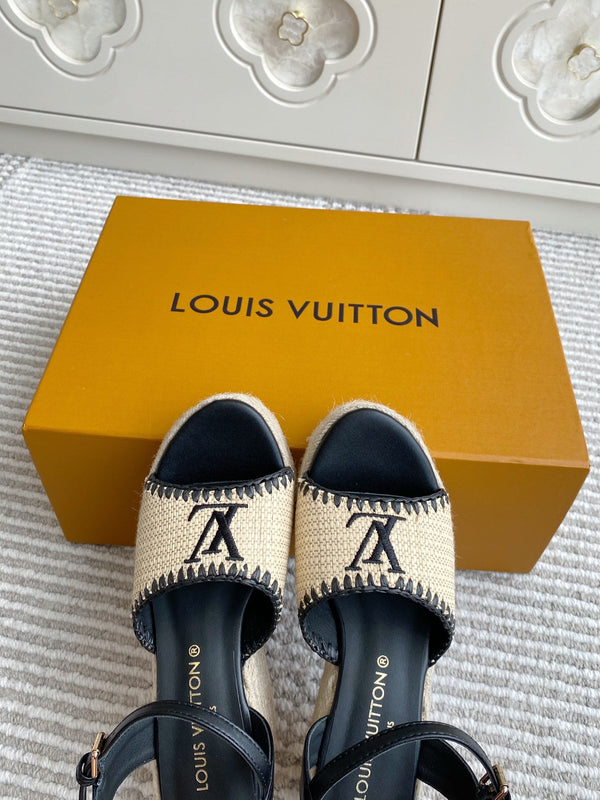 LV Beige·Raffia Straw Wedge Sandals 7.5cm Black Lining Leather 291585