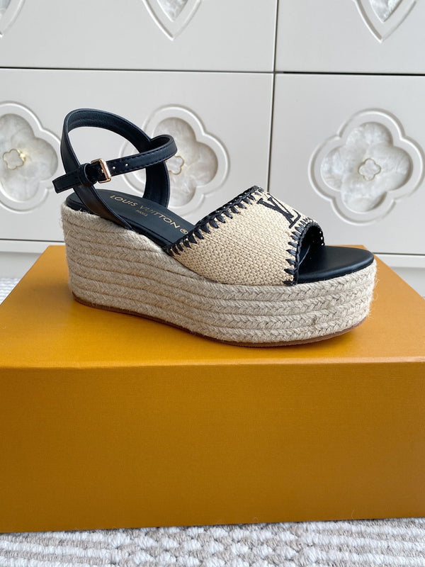 LV Beige·Raffia Straw Wedge Sandals 7.5cm Black Lining Leather 291585