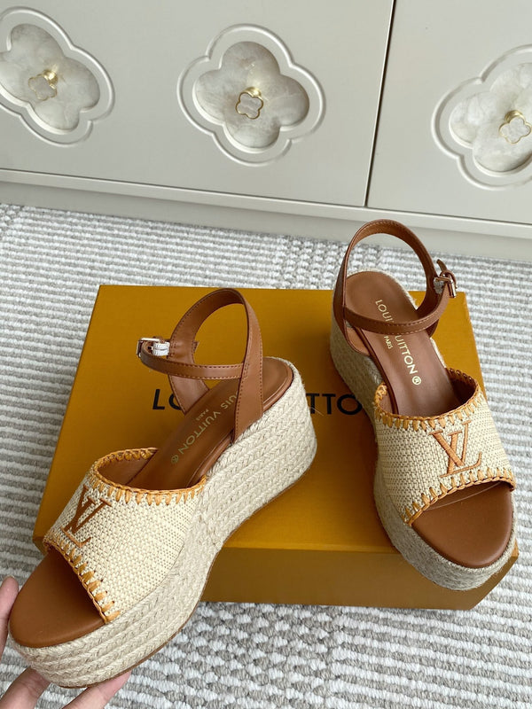 LV Beige·Raffia Straw Wedge Sandals 7.5cm Gold Lining Leather 291587