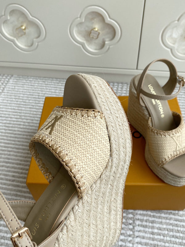 LV Beige·Raffia Straw Wedge Sandals 11.5cm Light Brown Lining Leather 291590