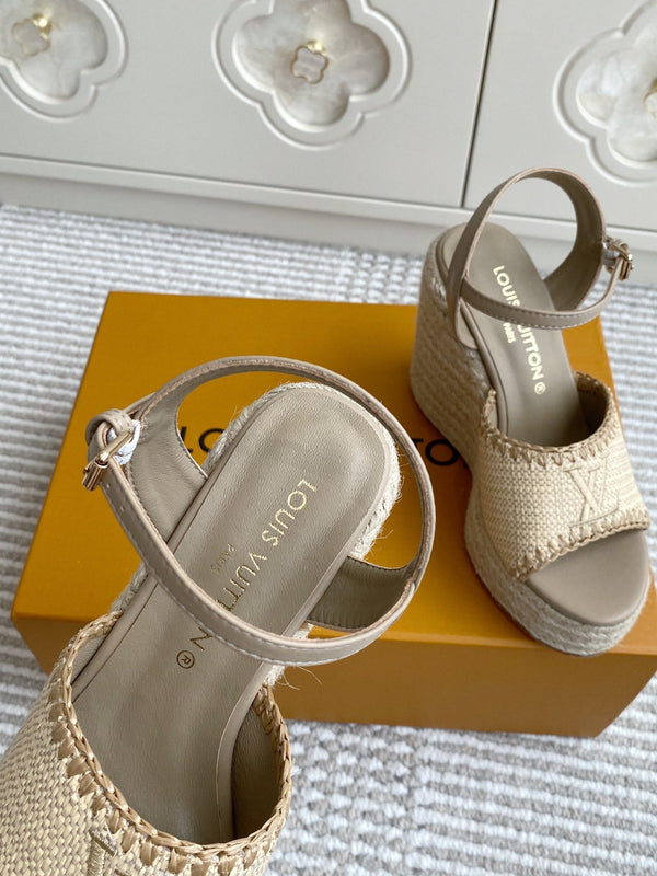 LV Beige·Raffia Straw Wedge Sandals 11.5cm Light Brown Lining Leather 291590
