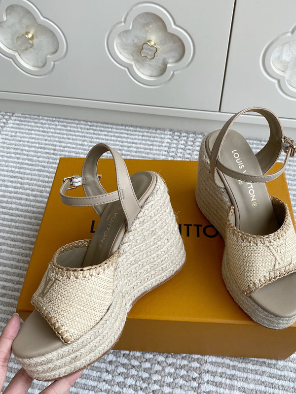 LV Beige·Raffia Straw Wedge Sandals 11.5cm Light Brown Lining Leather 291590