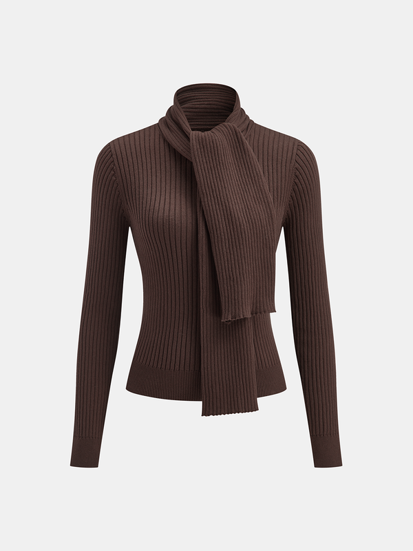 Ribbed Knit Scarf Detail Fitted Top